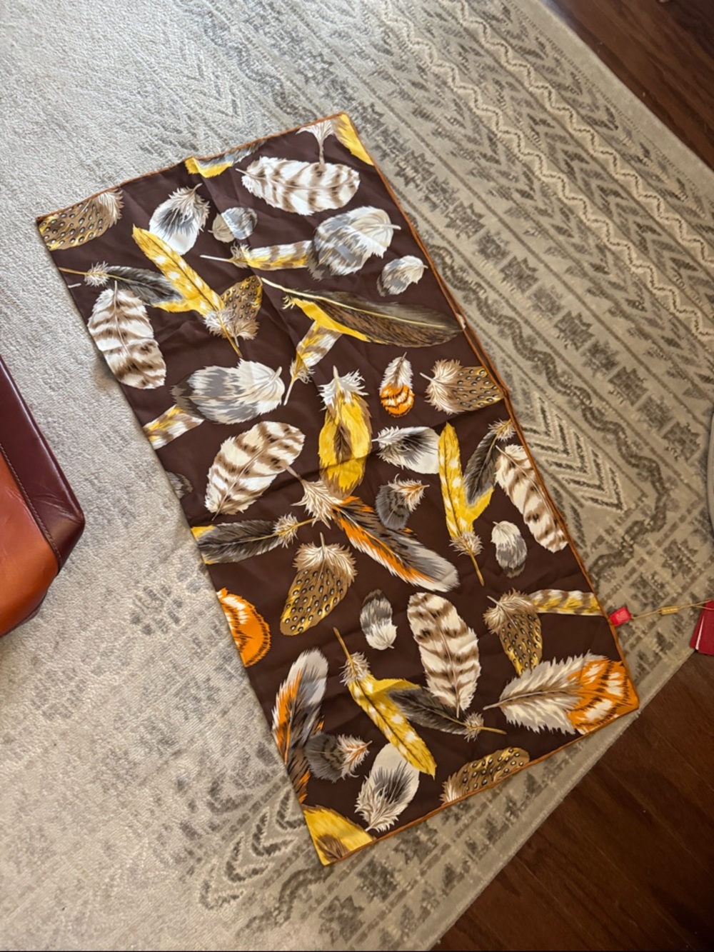 Brown Feather-Print Women's Silk Scarf Yellow & Orange Accents